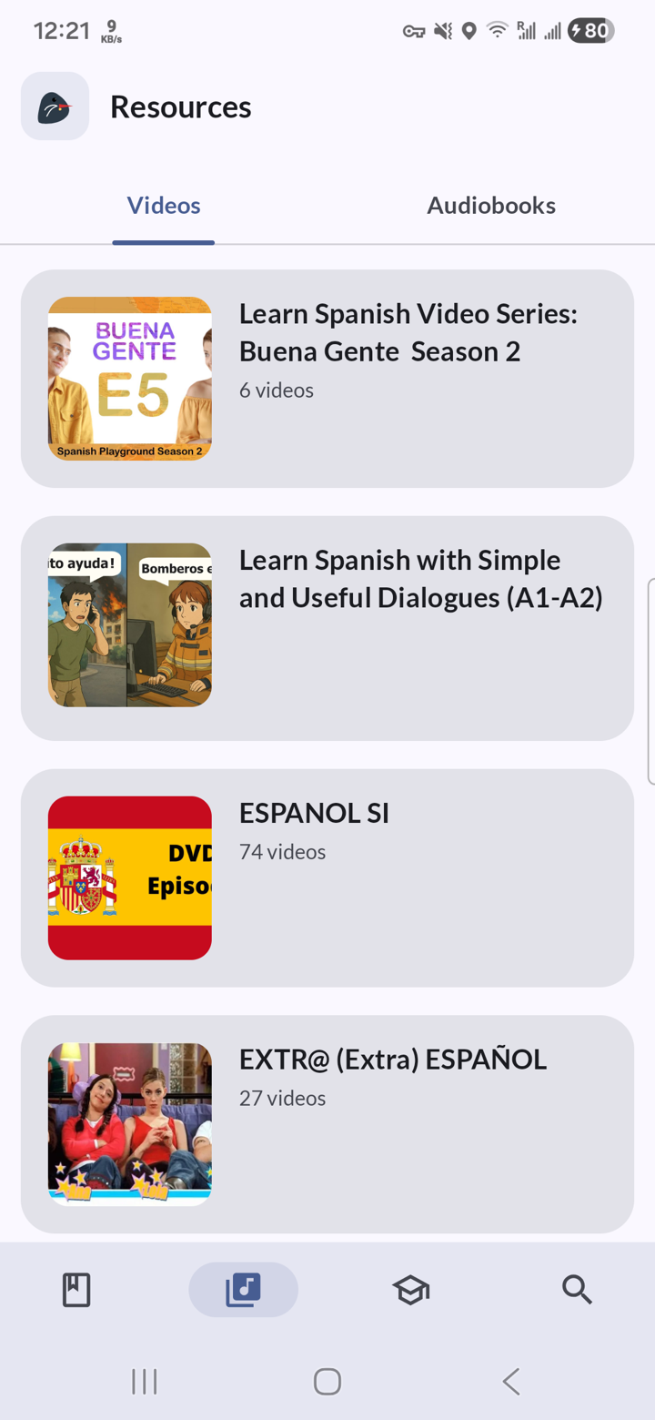 Resources screen with videos, audiobooks, and stories